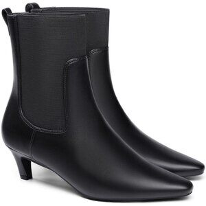 Women's Black Pu Ankle Low Kitten Heel Pointed Toe Slip On Dressy Winter Boots